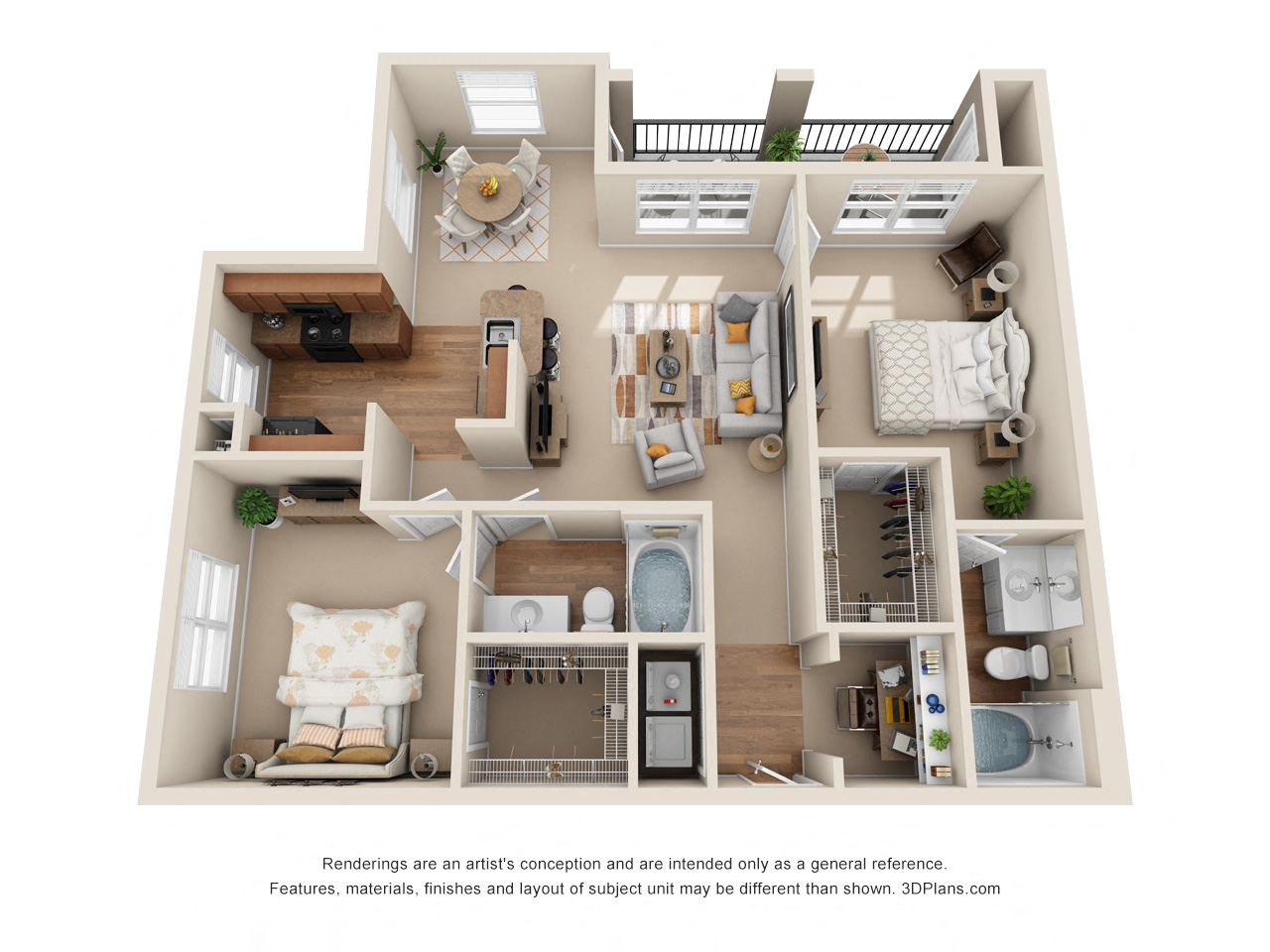 Floor plan for 2 beds, 2 baths, 1153 sqft